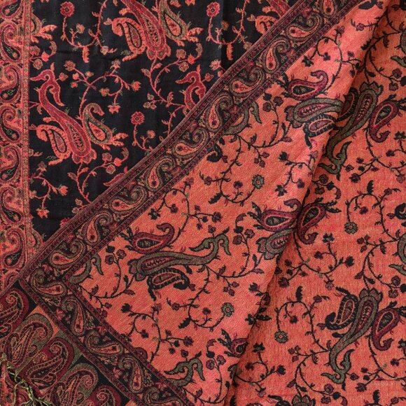 Floral Paisley Silk Pashmina Shawl Reversible Scarf Red Black Boho Maximalism - Picture 12 of 15